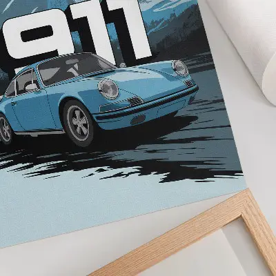 Leinwand-Kunstdruck mit klassischem Auto vor Bergkulisse und großer Schrift