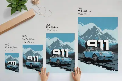 Leinwand-Kunstdruck mit klassischem Auto vor Bergkulisse und großer Schrift