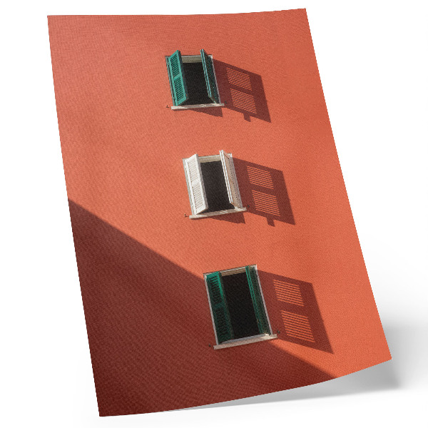 Kunstdruck leinwand Orangefarbene Wand, drei Fenster, grüne Jalousien