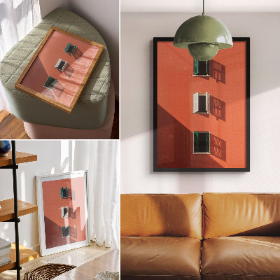 Kunstdruck leinwand Orangefarbene Wand, drei Fenster, grüne Jalousien