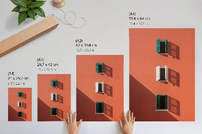 Kunstdruck leinwand Orangefarbene Wand, drei Fenster, grüne Jalousien