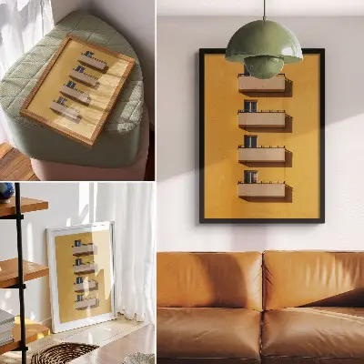 Poster gelbe Fassade mit vier Balkonen in minimalistischer Komposition