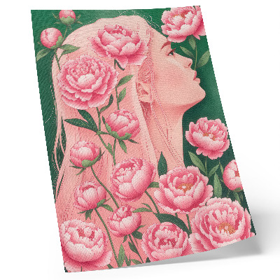 Kunstdruck leinwand Eine Frau inmitten rosa Pfingstrosen vor grünem Hintergrund