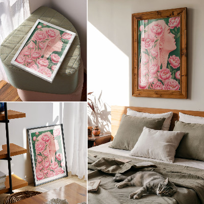 Kunstdruck leinwand Eine Frau inmitten rosa Pfingstrosen vor grünem Hintergrund