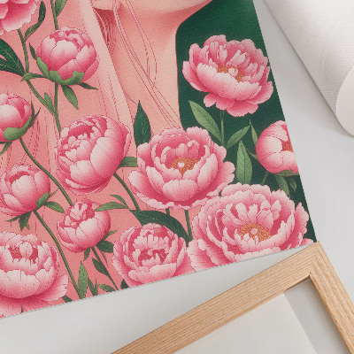 Kunstdruck leinwand Eine Frau inmitten rosa Pfingstrosen vor grünem Hintergrund