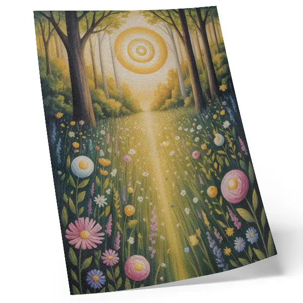 Poster Waldweg mit Blumen im Sonnenschein