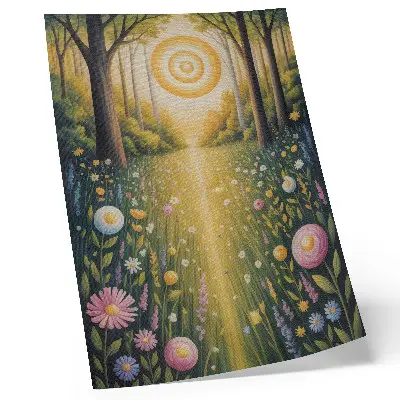 Poster Waldweg mit Blumen im Sonnenschein