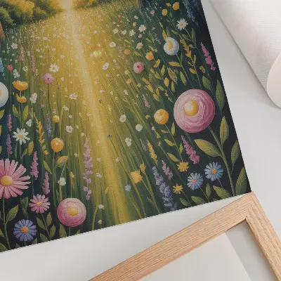 Poster Waldweg mit Blumen im Sonnenschein