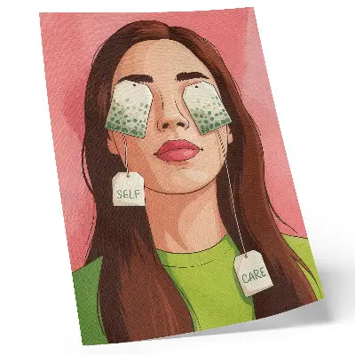 Wandposter bunter Hintergrund mit grünen Details und einer Figur beim Teetrinken