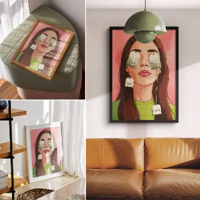 Wandposter bunter Hintergrund mit grünen Details und einer Figur beim Teetrinken