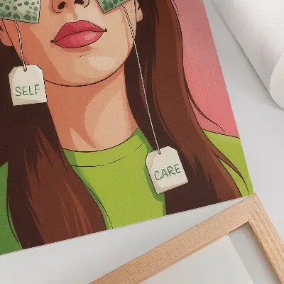 Wandposter bunter Hintergrund mit grünen Details und einer Figur beim Teetrinken