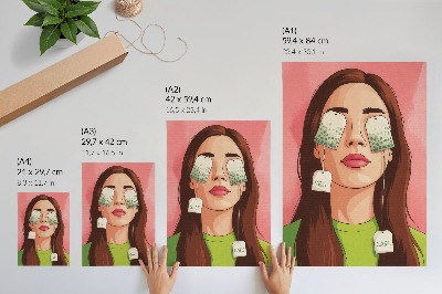 Wandposter Bunter Hintergrund mit grünen Details und einer Figur mit Tee