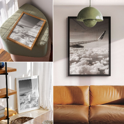Kunstdruck leinwand Flugzeugflügel über den Wolken, Schwarz-Weiß-Stil
