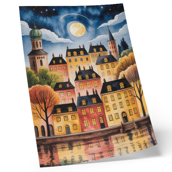 Wandposter Eine stimmungsvolle Stadt bei Nacht mit dem Mond am Himmel