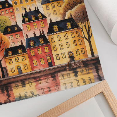 Wandposter Eine stimmungsvolle Stadt bei Nacht mit dem Mond am Himmel