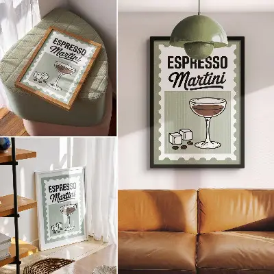 Poster mit Espresso Martini-Grafiken im Vintage-Stil