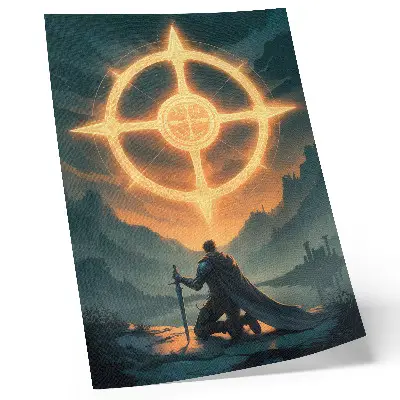 Wandposter bezaubernde Landschaft mit magischem Symbol und Ritter