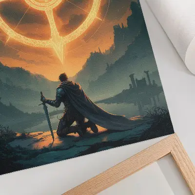 Wandposter bezaubernde Landschaft mit magischem Symbol und Ritter