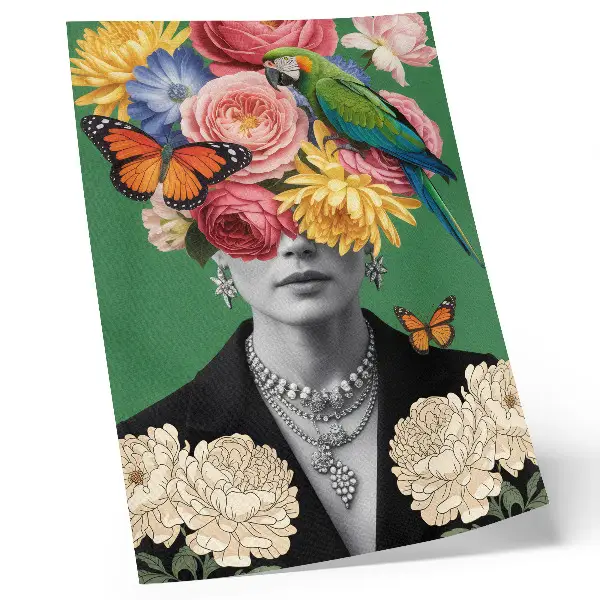 Poster mit Blumen, Vögeln, Schmetterlingen, eleganten Figuren und Elementen des Surrealismus