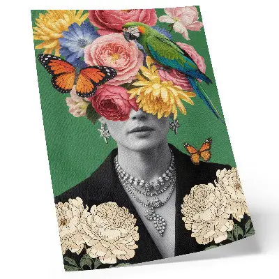 Poster mit Blumen, Vögeln, Schmetterlingen, eleganten Figuren und Elementen des Surrealismus