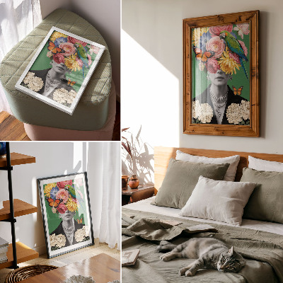 Poster Blumen, Vögel, Schmetterlinge, elegante Figuren, Surrealismus