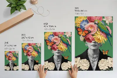 Poster mit Blumen, Vögeln, Schmetterlingen, eleganten Figuren und Elementen des Surrealismus