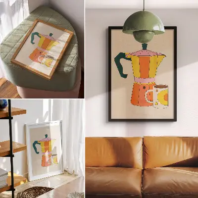 Wandposter geometrische Kaffeekanne und Tasse in lebendigen und optimistischen Farben
