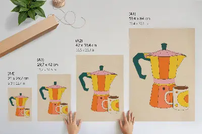 Wandposter geometrische Kaffeekanne und Tasse in lebendigen und optimistischen Farben