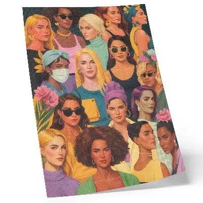 Poster mit farbenfrohen Porträts von Frauen mit verschiedenen modischen Frisuren
