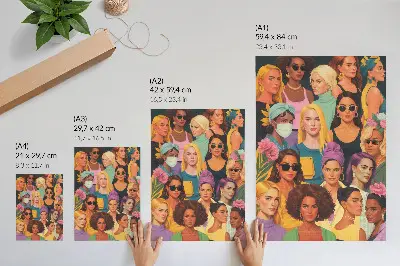 Poster mit farbenfrohen Porträts von Frauen mit verschiedenen modischen Frisuren