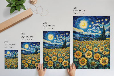 Wandposter Ein Sonnenblumenfeld unter einem Sternenhimmel