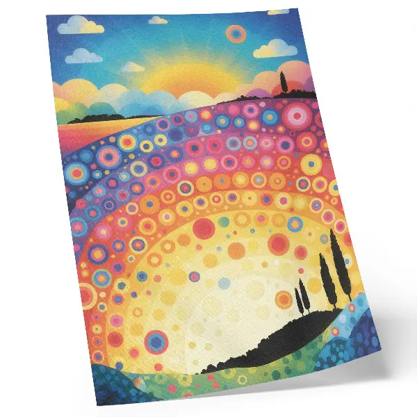 Poster mit energiegeladenen Regenbogenkreisen vor einem Sonnenuntergangshintergrund