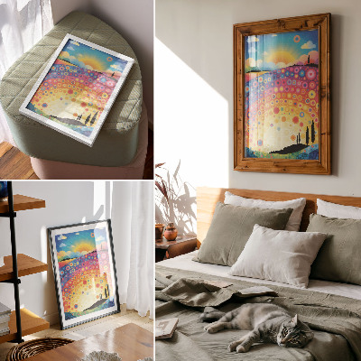 Poster Energiegeladene Regenbogenkreise vor dem Hintergrund eines Sonnenuntergangs