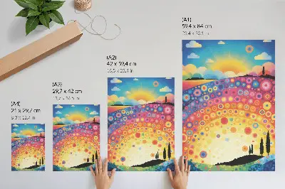 Poster mit energiegeladenen Regenbogenkreisen vor einem Sonnenuntergangshintergrund