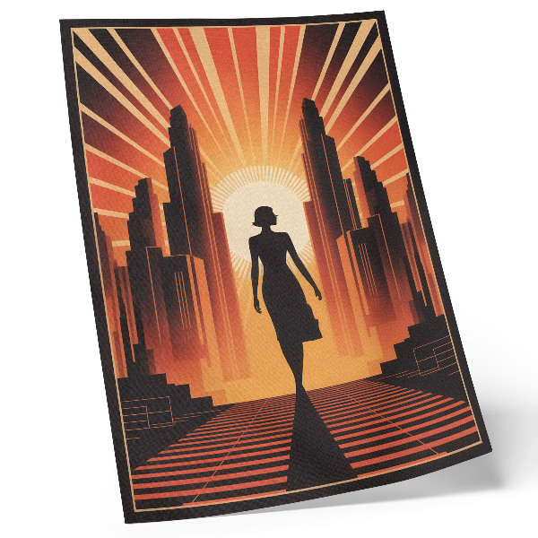 Kunstdruck leinwand Stadtsilhouette, orangefarbenes Licht, Frau