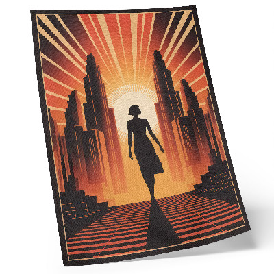 Kunstdruck leinwand Stadtsilhouette, orangefarbenes Licht, Frau