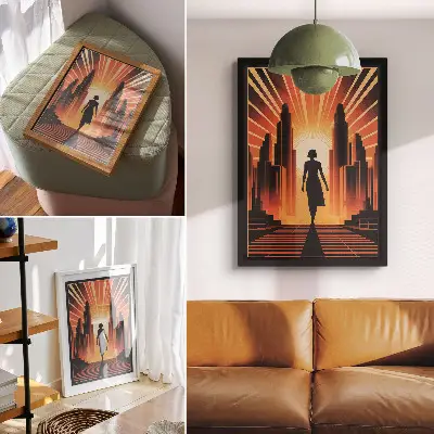 Leinwand-Kunstdruck Stadtsilhouette in orangefarbenem Licht mit Frau