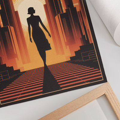 Kunstdruck leinwand Stadtsilhouette, orangefarbenes Licht, Frau