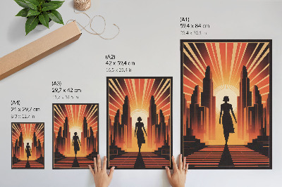 Kunstdruck leinwand Stadtsilhouette, orangefarbenes Licht, Frau