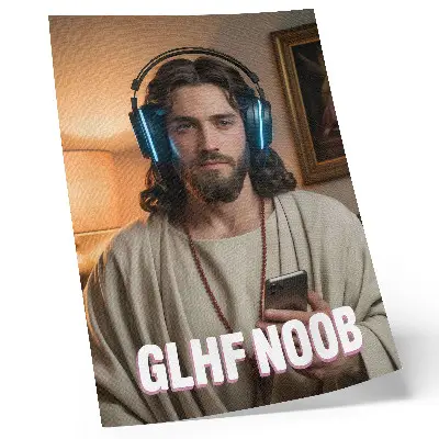 Wandposter mit Motiv eines Mannes mit Kopfhörern, Smartphone, Rosenkranz und Inschrift