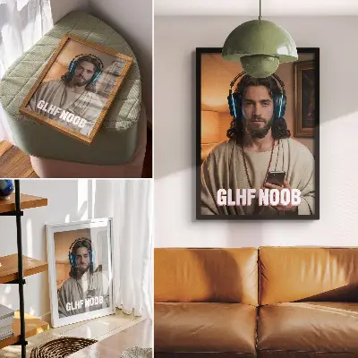 Wandposter mit Motiv eines Mannes mit Kopfhörern, Smartphone, Rosenkranz und Inschrift