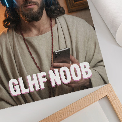 Wandposter Mann mit Kopfhörern, Smartphone, Rosenkranz, Inschrift