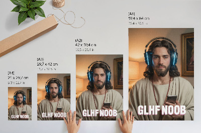Wandposter Mann mit Kopfhörern, Smartphone, Rosenkranz, Inschrift