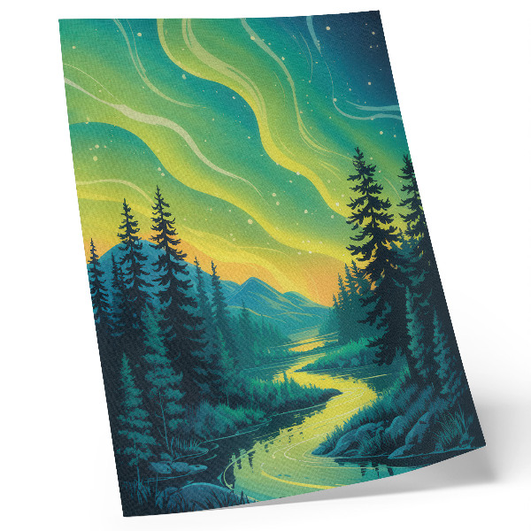 Poster Aurora vor dem Hintergrund von Wald und Fluss, harmonische Farben