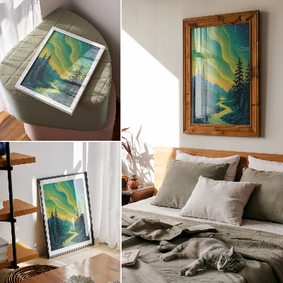 Poster Aurora vor dem Hintergrund von Wald und Fluss, harmonische Farben