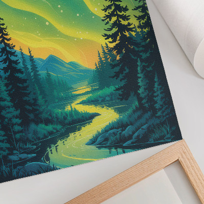 Poster Aurora vor dem Hintergrund von Wald und Fluss, harmonische Farben