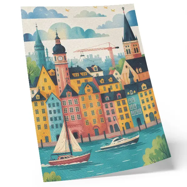 Wandposter farbenfrohe Gebäude am ruhigen Wasser bei mildem Klima