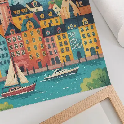 Wandposter farbenfrohe Gebäude am ruhigen Wasser bei mildem Klima