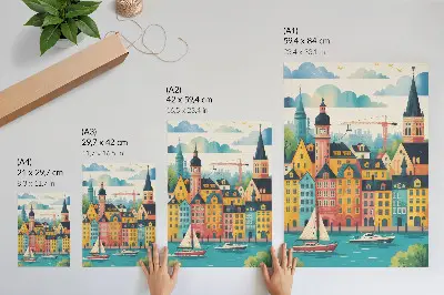 Wandposter farbenfrohe Gebäude am ruhigen Wasser bei mildem Klima