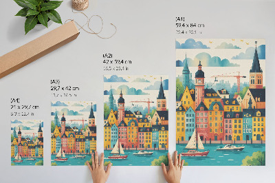 Wandposter Farbenfrohe Gebäude, ruhiges Wasser, mildes Klima